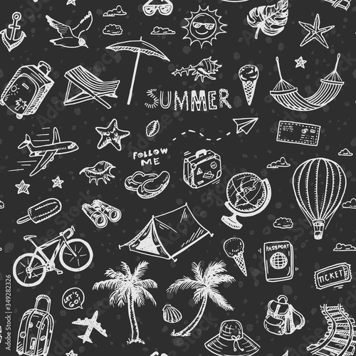 Travel seamless background. Hand drawn summer holidays pattern.