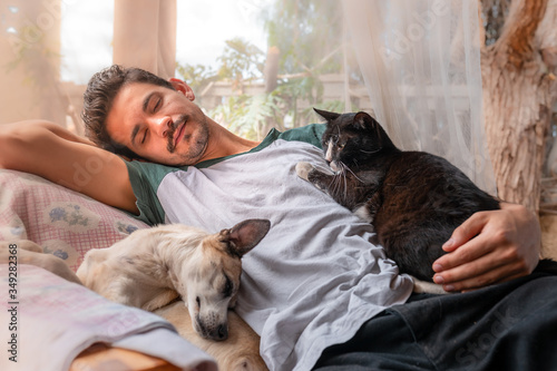 hombre joven duerme junto a un perro y un gato negro en un sillon bajo una mosquitera. 