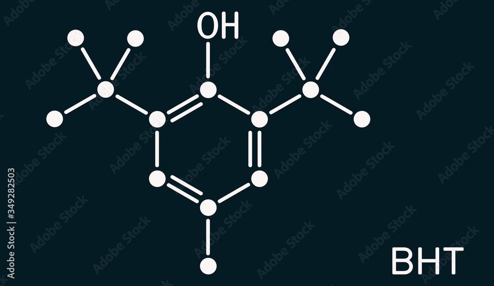 Butylated hydroxytoluene, BHT, dibutylhydroxytoluene molecule. It is lipophilic organic compound, antioxidant, food additive E321. Skeletal chemical formula on the dark blue background