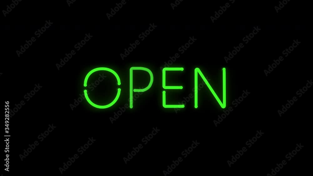 Colourful Neon Lights Closed and Open Letters Signboard. Stylish Fluorescent Lamps 80s Area Sign Board on Black Wall. Modern Art 3d Animated Glowing Electric Lettering Open Closed on Black Background