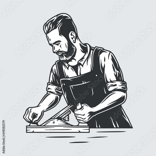 Carpenter with jointer wood planer. Carpentry logo