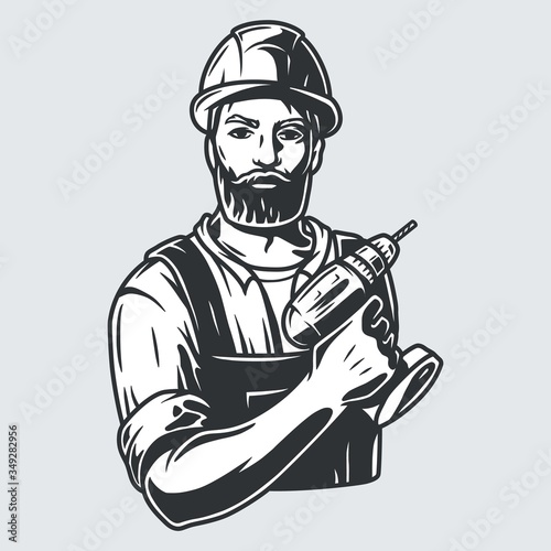 Carpenter logo with wood and drill or screwdriver