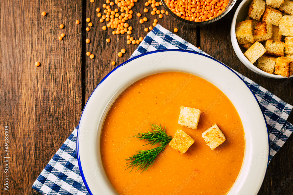Tasty lentil soup, top view, oriental cuisine