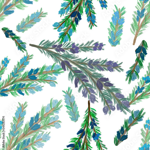 Green watercolor rosemary branch with blue flowers on white.  Seamless pattern. Herbs  spices print. Packaging  wallpaper  textile  fabric design 