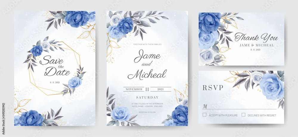 Navy blue peony rose wedding invitation card with golden leaves and golden frames. Template card set.