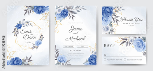 Navy blue peony rose wedding invitation card with golden leaves and golden frames. Template card set. photo