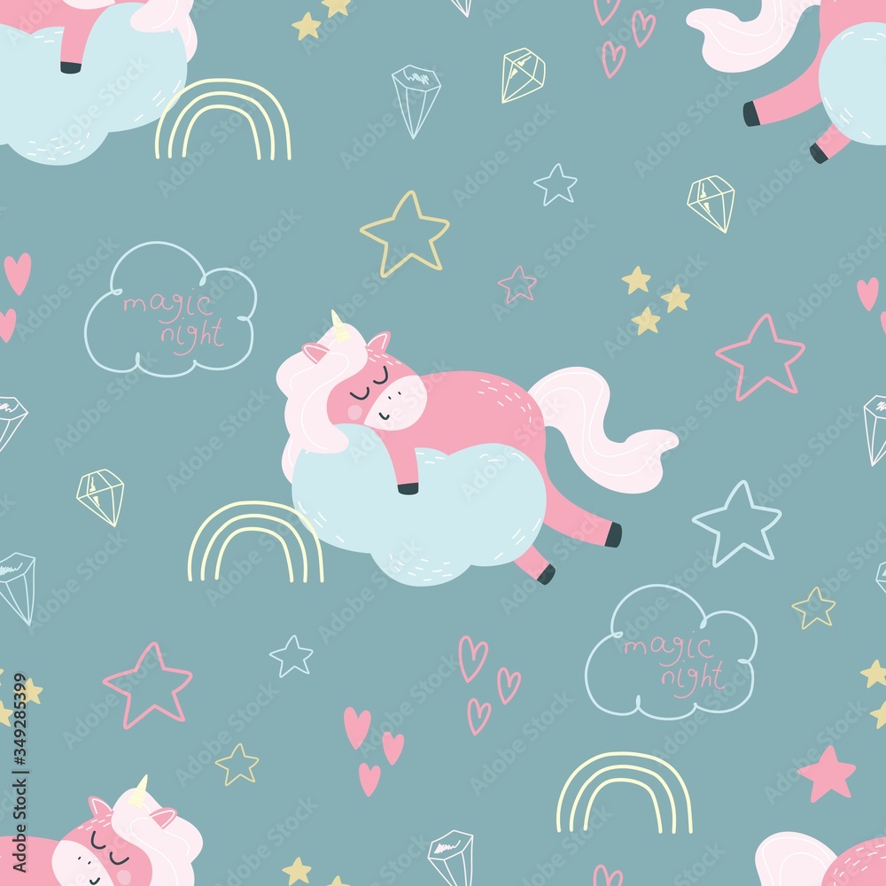 Seamless pattern with unicorns, hearts, diamonds, stars, clouds and rainbows on a pink background. Vector illustration for creating seamless patterns, printing on a postcard, fabric, or clothing. Cute Seamless pattern with unicorns, hearts, diamonds, stars, clouds and rainbows on a pink background. Vector illustration for creating seamless patterns, printing on a postcard, fabric, or clothing. Cute