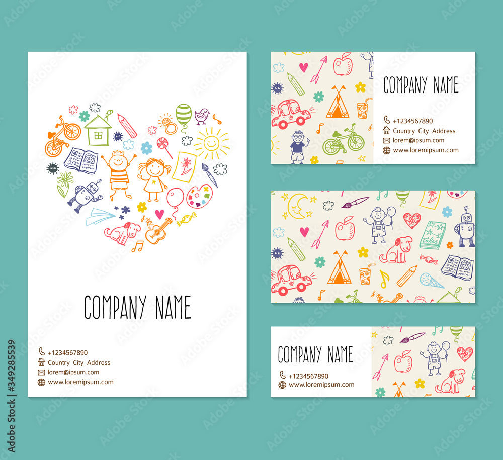  flyer, business card, banner, brochure vector template with doodle children drawing
