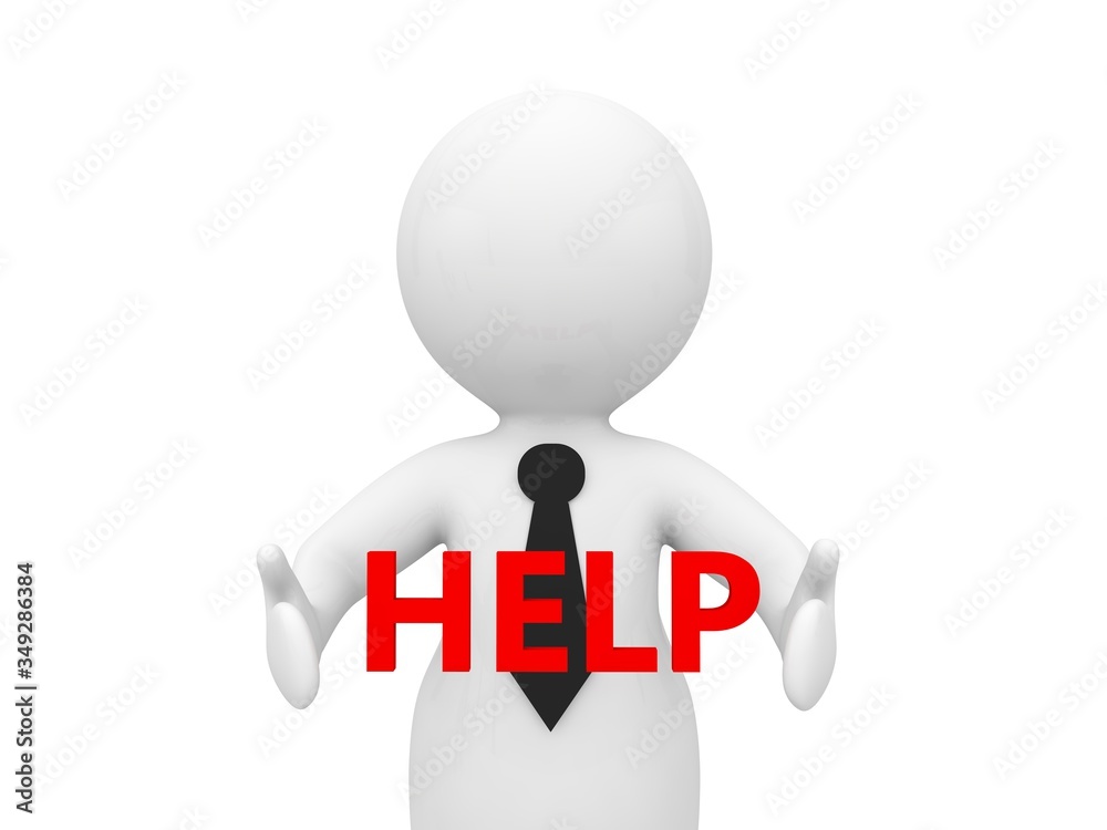 Businessman with the word - help in hands on a white background. 3d render illustration. Businessman with the word - help in hands on a white background. 3d render illustration.