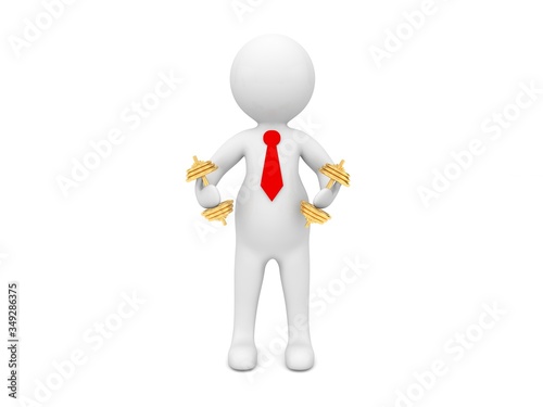3d character with golden dumbbells on a white background. 3d render illustration.