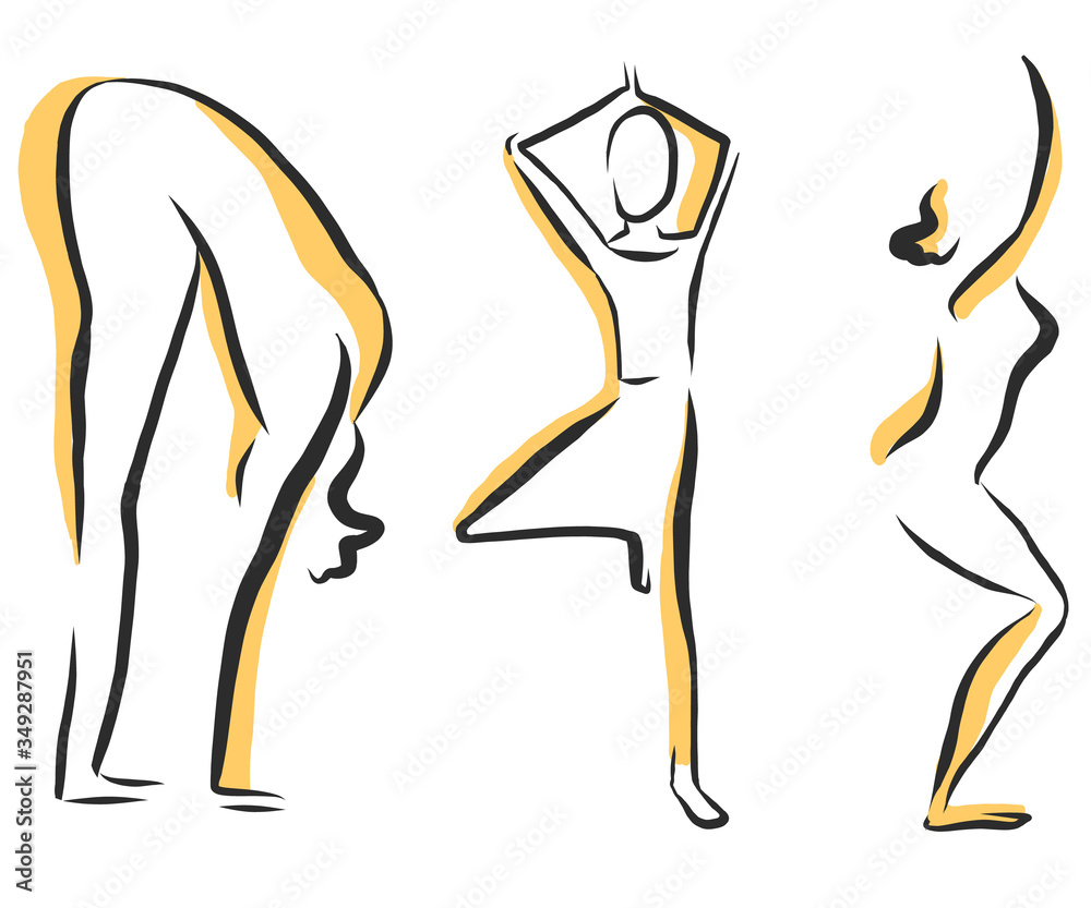 Yoga. Vector set of sketchy yoga woman poses. Set of linear images of yoga poses.