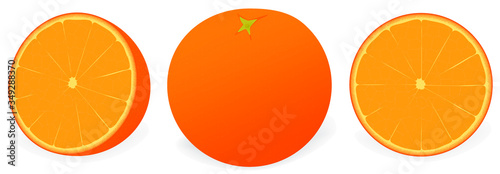 Vector set of oranges . A whole orange, a slice of orange, and half an orange.