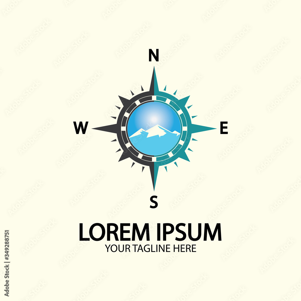 Fototapeta premium Compass with mountain for logo design illustrator exploration icon hiking tool.