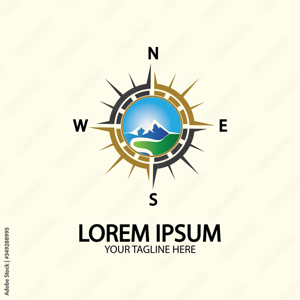 Fototapeta premium Compass with mountain for logo design illustrator exploration icon hiking tool.