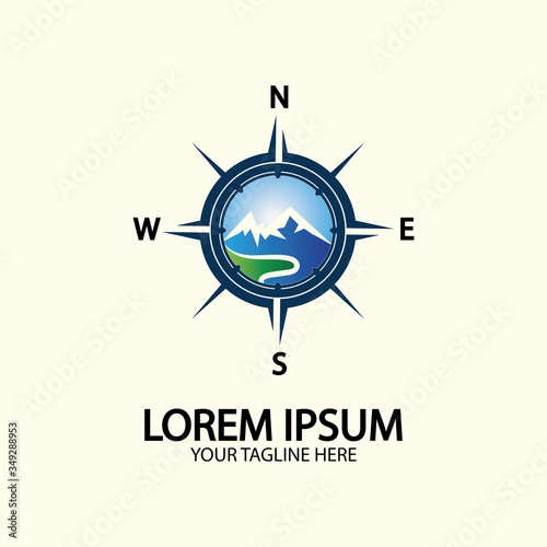 Compass with mountain for logo design illustrator exploration icon hiking tool.