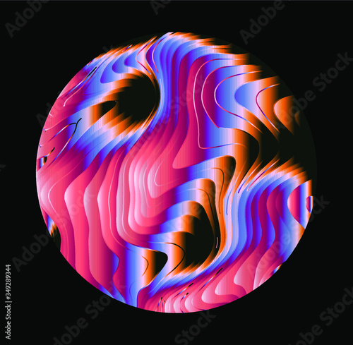 Illuminated holographic circle with glitched wavy texture. Retrofuturistic illustration in 80s-90s synthwave and retrowave chromatic spectrum colors.