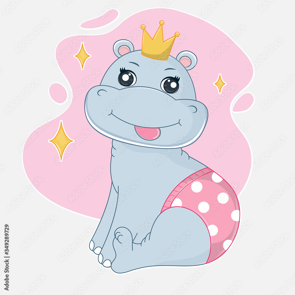 Cute cartoon hippo princess. Graphic element for kids, greeting card, cover, sticker and poster. Cute cartoon hippo princess. Graphic element for kids, greeting card, cover, sticker and poster.