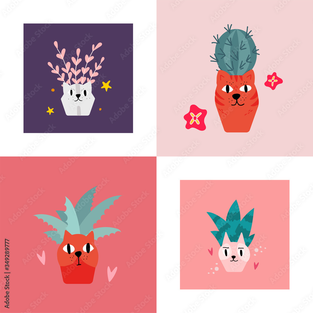Flower pot set in the shape of red, white and pink cat with home plant in scandinavian style. Unique hand drawn nursery poster. Modern vector illustration.