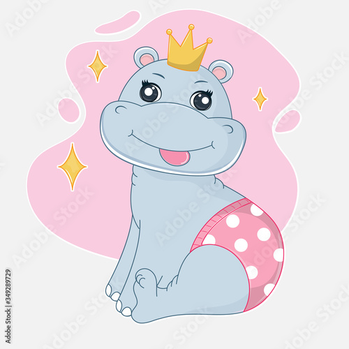 Cute cartoon hippo princess. Graphic element for kids, greeting card, cover, sticker and poster. © tartumedia