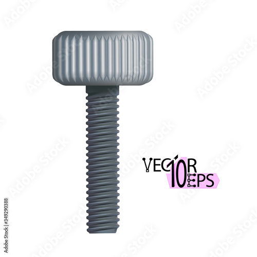 Metal realistic bolt with a grey knurled head isolated on white background. Macro closeup metal wares. Vector illustration.