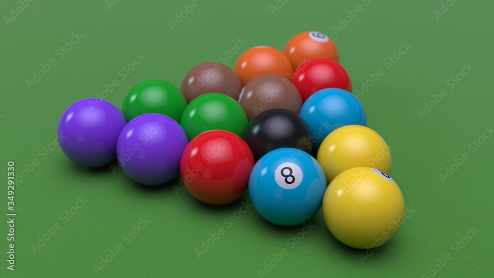 Colorful billiard balls with numbers on green cloth. 3d render. Colorful billiard balls with numbers on green cloth. 3d render.