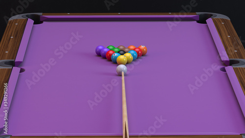 Wooden billiard table with purple cloth and colorful billiard balls. 3d render.