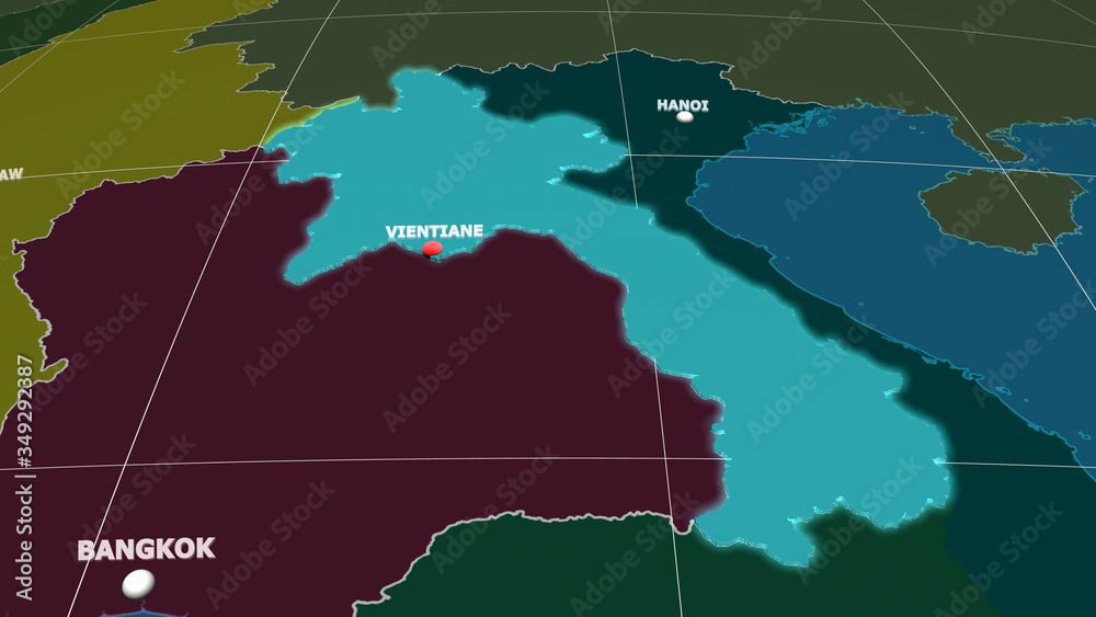 Fototapeta premium Laos extruded and capital labelled. Administrative