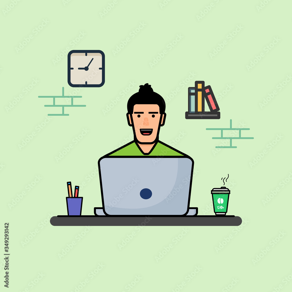 People Working on Computer with Coffee, Vector Illustration. Office. Workspace. Flat Cartoon Style Suitable for Web Landing Page, Banner, Flyer, Sticker, Wallpaper, Card, Background