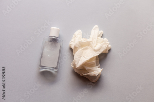 soap gel bottle sanitizer, medical mask and rubber gloves. Simple element illustration for covid-19. Personal hygiene.