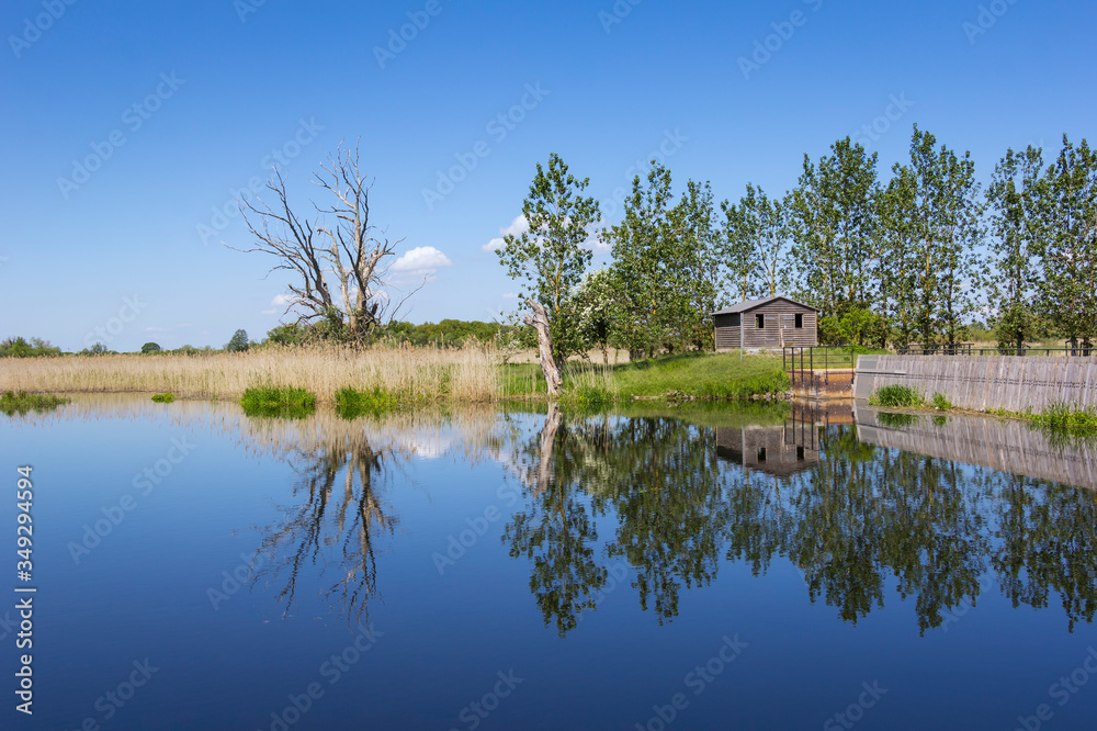 View of a historical weir system. In the background there is a row of poplars.