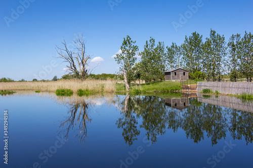 View of a historical weir system. In the background there is a row of poplars.