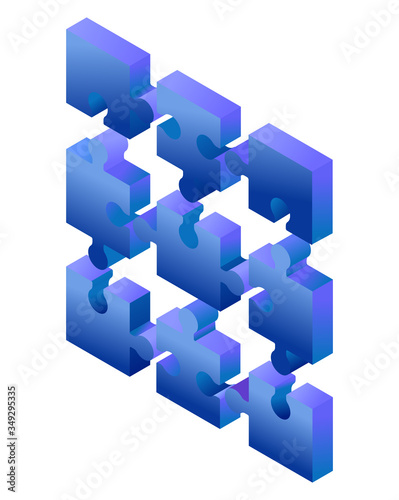 Isometric blue gradient puzzle pieces isolated on white background. Concept of teamwork, communication, problem or challenge solution.