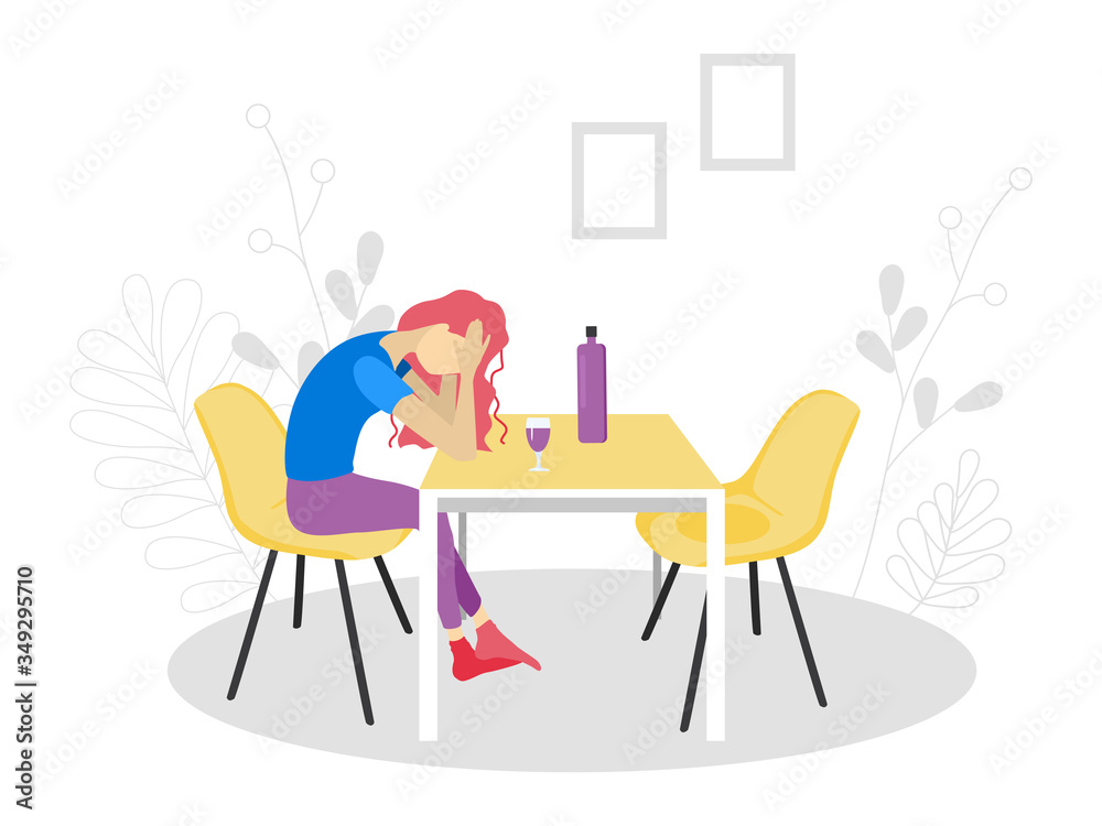 Vector illustration in flat style. A woman is drinking wine while sitting at a table. Problems with alcohol in women. Depressed state in the wife. Lonely woman drinking alcohol alone.