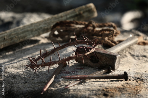 Fotografija Lord Jesus was crucified, hammer, nails and crown of thorns, suffering concept