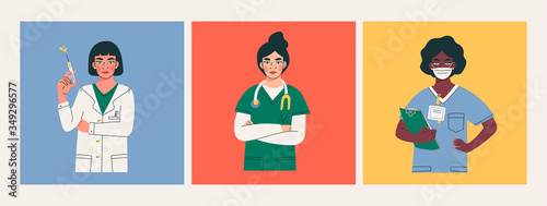 Set of three female Doctors standing with clipboard, stethoscope, syringe. Health Care concept. Hand drawn colored trendy Vector illustrations. Every lady is isolated