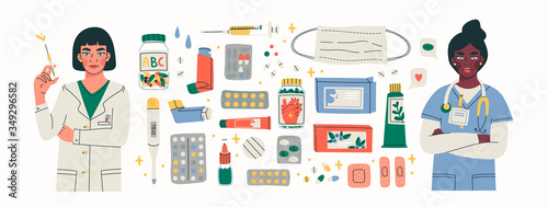Various Medical equipment: Drugs, pills, capsules, inhaler, tube, spray, mask, patch, syringe, bottles. Female doctors. Medicine, pharmacy, hospital, drug store concept. Big Hand drawn Vector set