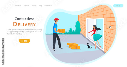 Contactless delivery landing concept. Courier with parcel box near the door with safe distance to protect during coronavirus pandemic. Safe delivery service. Stay at home. Flat vector illustration