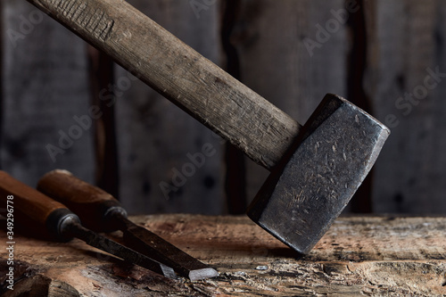 old carpentry tools on wooden background