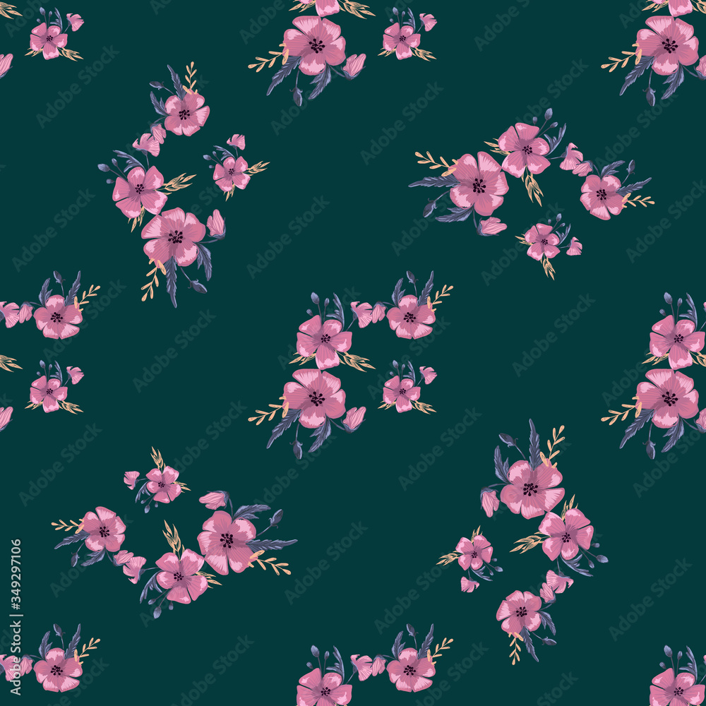 Fashionable cute pattern in native popies flowerson darck background. Flower seamless surface design for textiles, fabrics, covers, wallpapers, print, gift wrapping or any purpose Fashionable cute pattern in native popies flowerson darck background. Flower seamless surface design for textiles, fabrics, covers, wallpapers, print, gift wrapping or any purpose