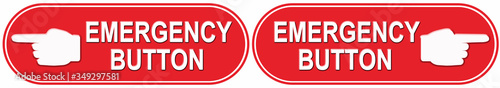 A sign indicating the emergency button. finger. Red sticker.