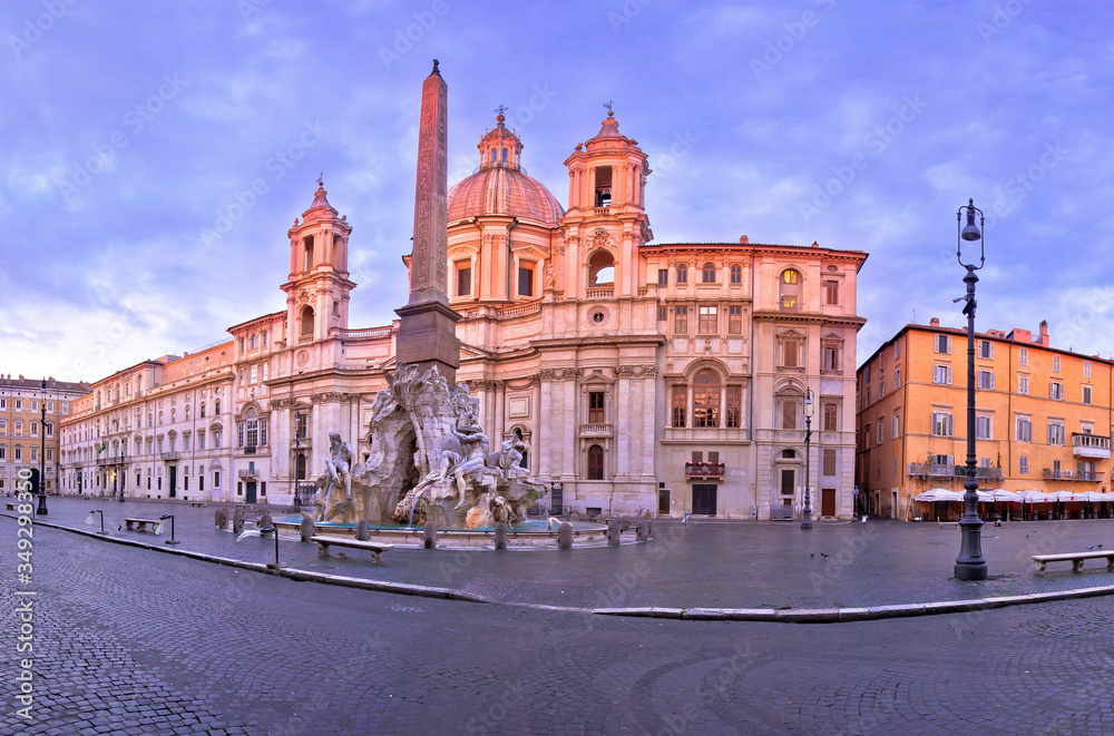Rome. Empty Piazza Navona square fountains and church view in Rome