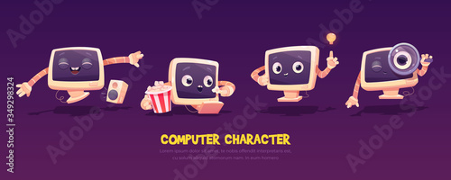 Cartoon computer character set. Cute pc desktop in different poses. funny mascot dancing with music dynamic, watch movie with popcorn, idea insight, seo technology, online research Vector illustration