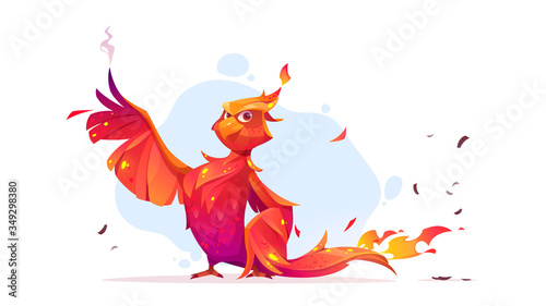 Phoenix or fenix fire bird cartoon character. Fantasy magic creature with red burning plumage and steaming wings. Fairytale animal, symbol of immortality and reborn from ashes vector illustration