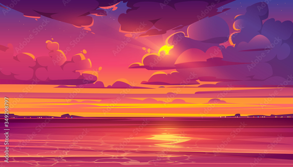 Sea sunset. Tropical landscape with ocean, sky and clouds in red light