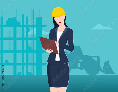 Engineer female architect wearing a safety helmet on a construction site with Folder illustration