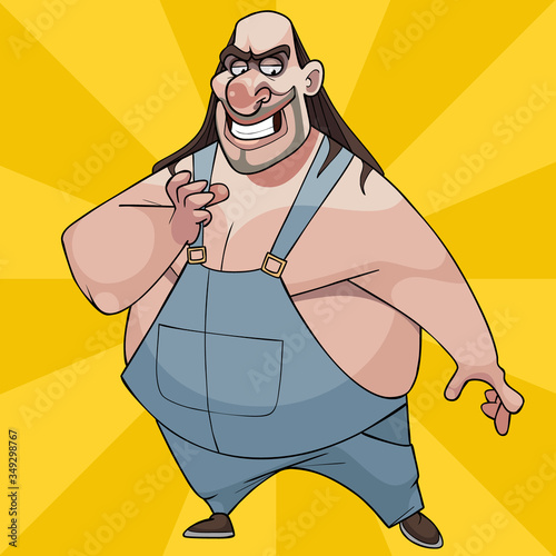 fat cartoon smiling man with long hair in overalls