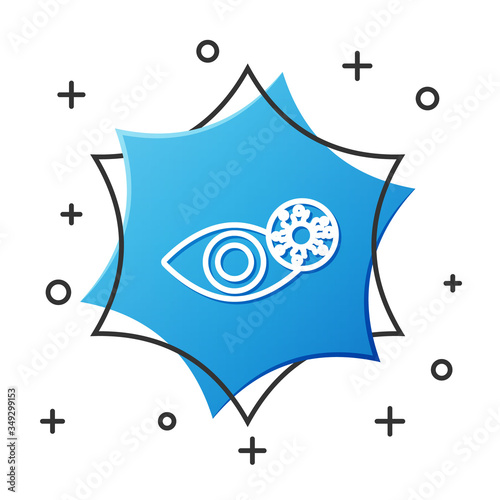 White line Reddish eye due to virus, bacterial or allergic conjunctivitis icon isolated on white background. Blue hexagon button. Vector Illustration