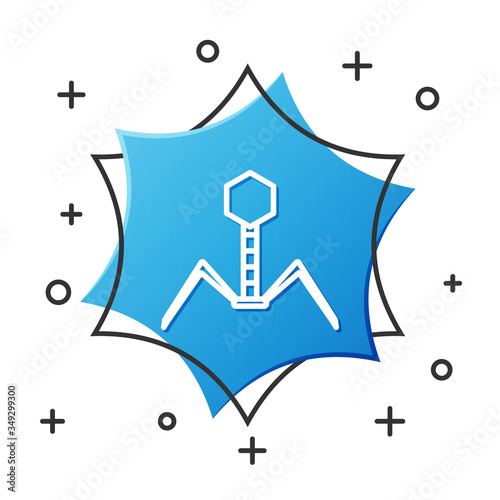 White line Bacteria bacteriophage icon isolated on white background. Bacterial infection sign. Microscopic germ cause diseases concept. Blue hexagon button. Vector Illustration