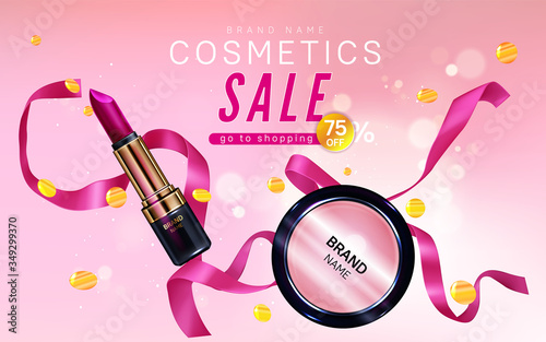 Cosmetics sale banner with lipstick and blush make up with confetti and pink ribbon beauty products. Makeup fuchsia colored rouge tube. Luxury promo ad template for magazine realistic 3d vector poster