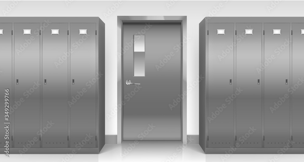 Steel lockers and door, vector school, office, gym or pool changing room metal cabinets and entry. Row of grey storage furniture with closed doors in college or university, Realistic 3d illustration Steel lockers and door, vector school, office, gym or pool changing room metal cabinets and entry. Row of grey storage furniture with closed doors in college or university, Realistic 3d illustration